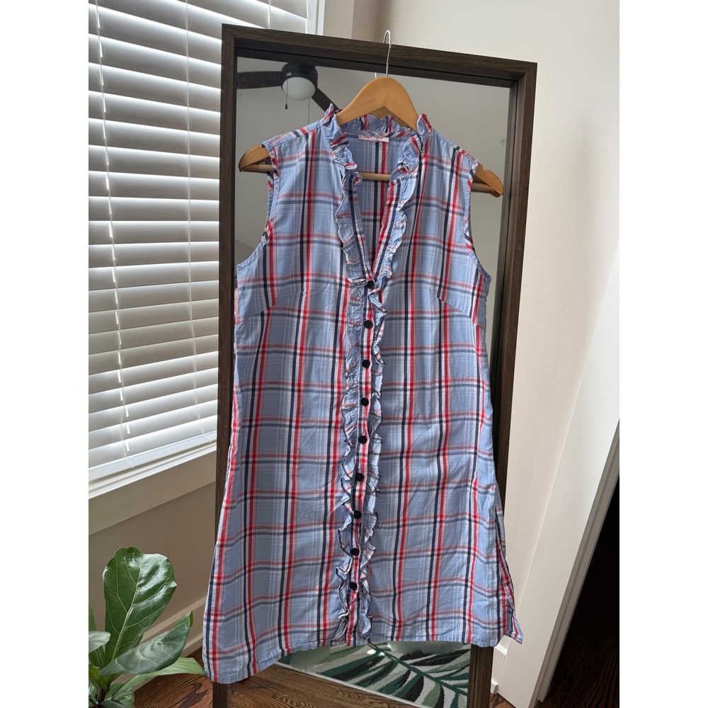Kayce Hughes Sleeveless Plaid Ruffle Button Down Shirt Tank Dress Size 10 preppy